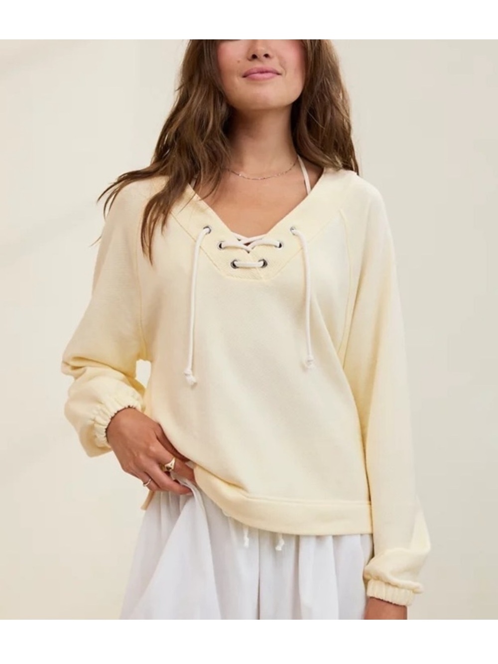 Aerie Lace-Up V-Neck Pullover in Natural Yellow